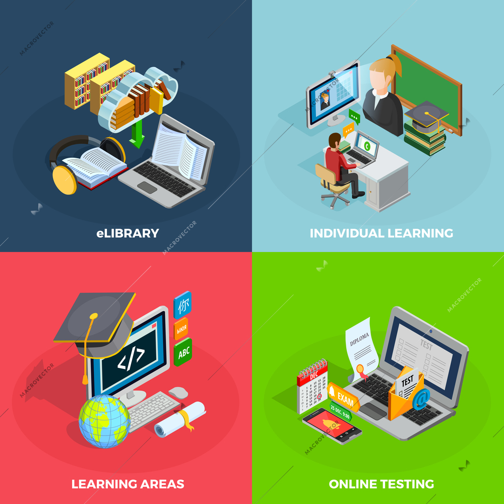 E-learning concept isometric icons set with individual learning symbols isolated vector illustration