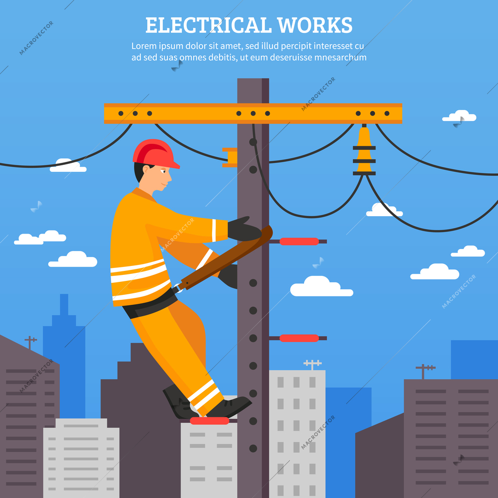 Electrical works flat vector illustration of electrician working with high voltage equipment on power line support