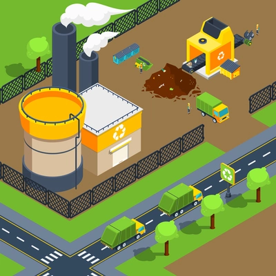 Recycling plant isometric poster of territory with factory sorting line and trucks for deliver vector illustration