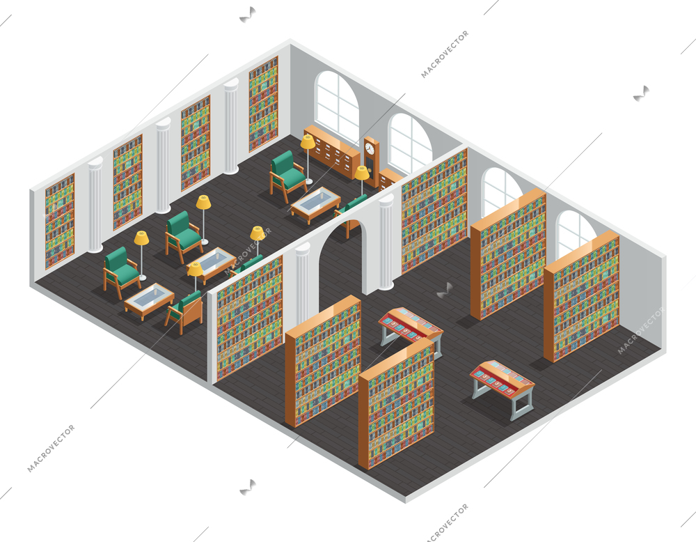 Isometric interior for empty bookstore and library rooms with bookshelves and armchairs vector illustration