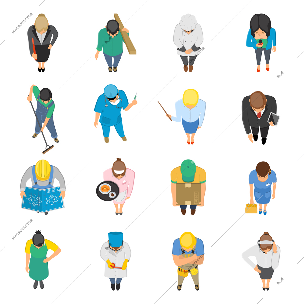 Professions top view isolated colored icons set of waitress doctor teacher nurse janitor plumber isolated vector illustration