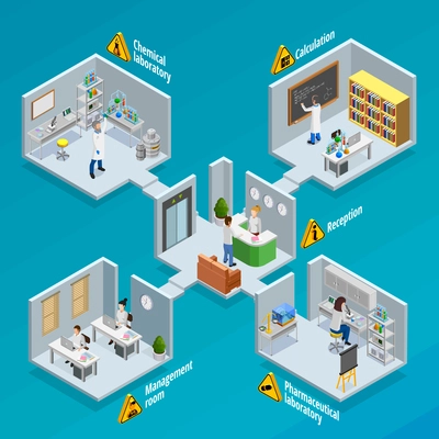 Laboratory and research  concept with chemical and pharmaceutical laboratories isometric vector illustration