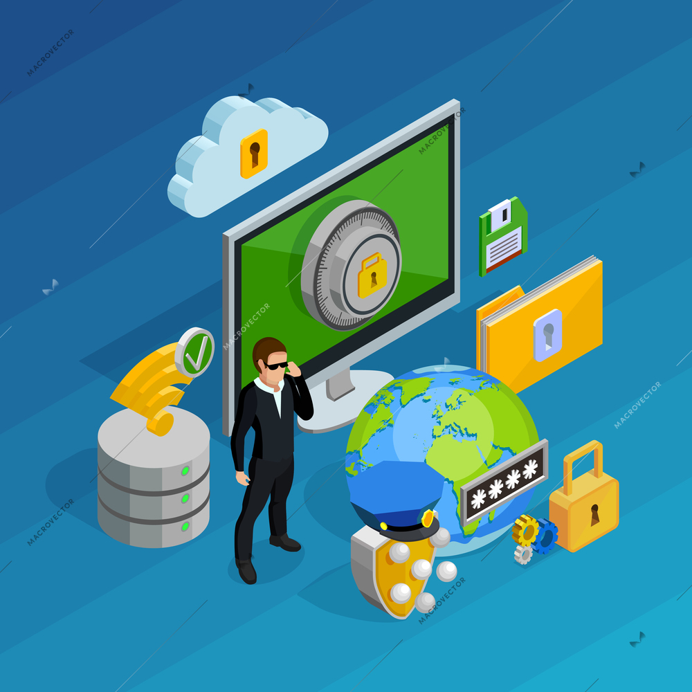 Data protection and storage concept with laptop computer and smartphone isometric vector illustration