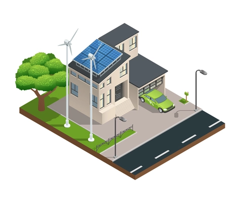 Modern green eco house with garage lawn solar panels producing electricity on roof and two wind turbines isometric vector illustration