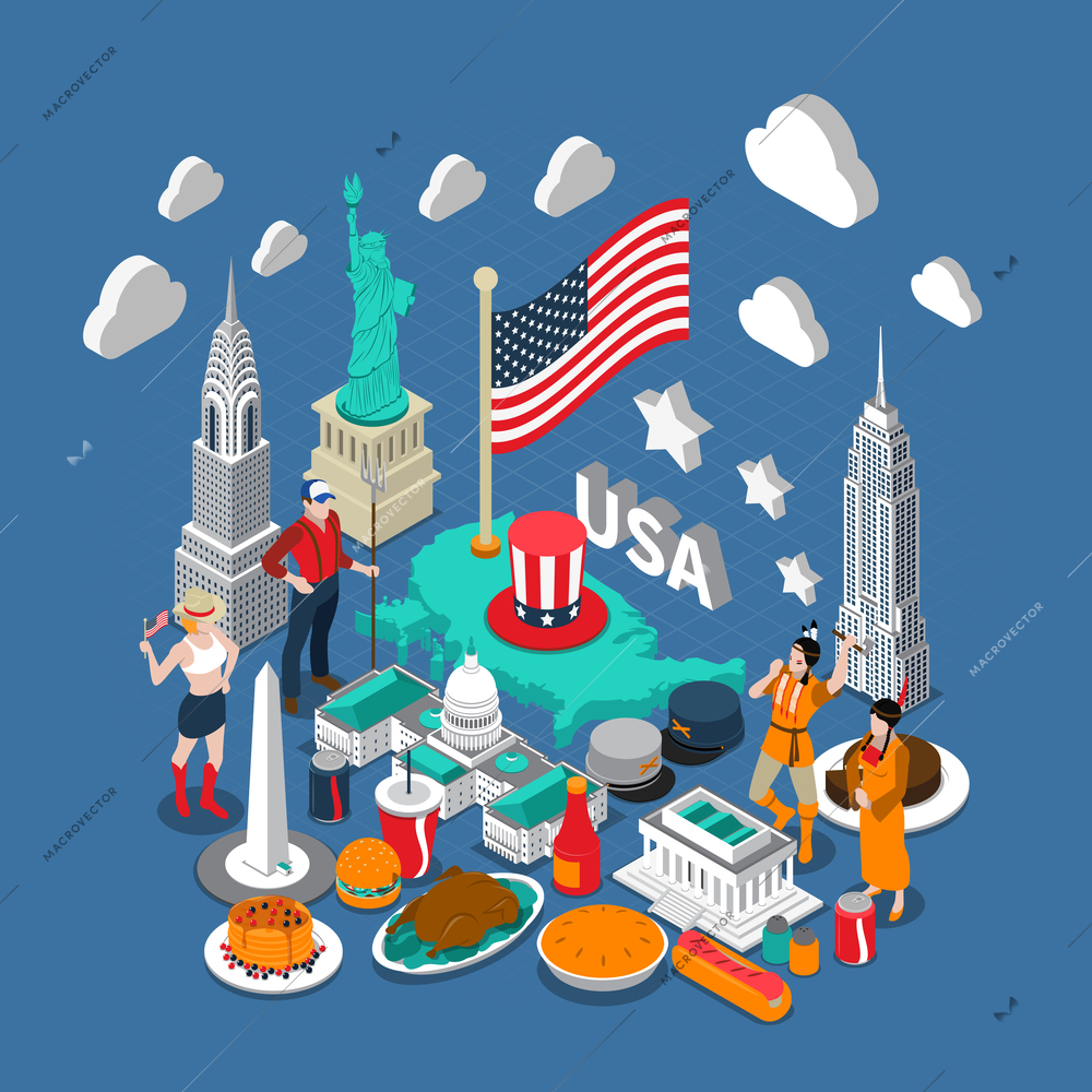 USA concept composition with culture and travel symbols isometric vector illustration