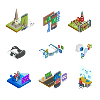 Augmented computer generated modified reality elements gadgets and accessories with smart glasses isometric icons set isolated vector illustration