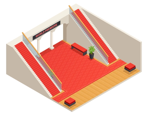 Color isometric design of foyer with red stairs and carpet vector illustration