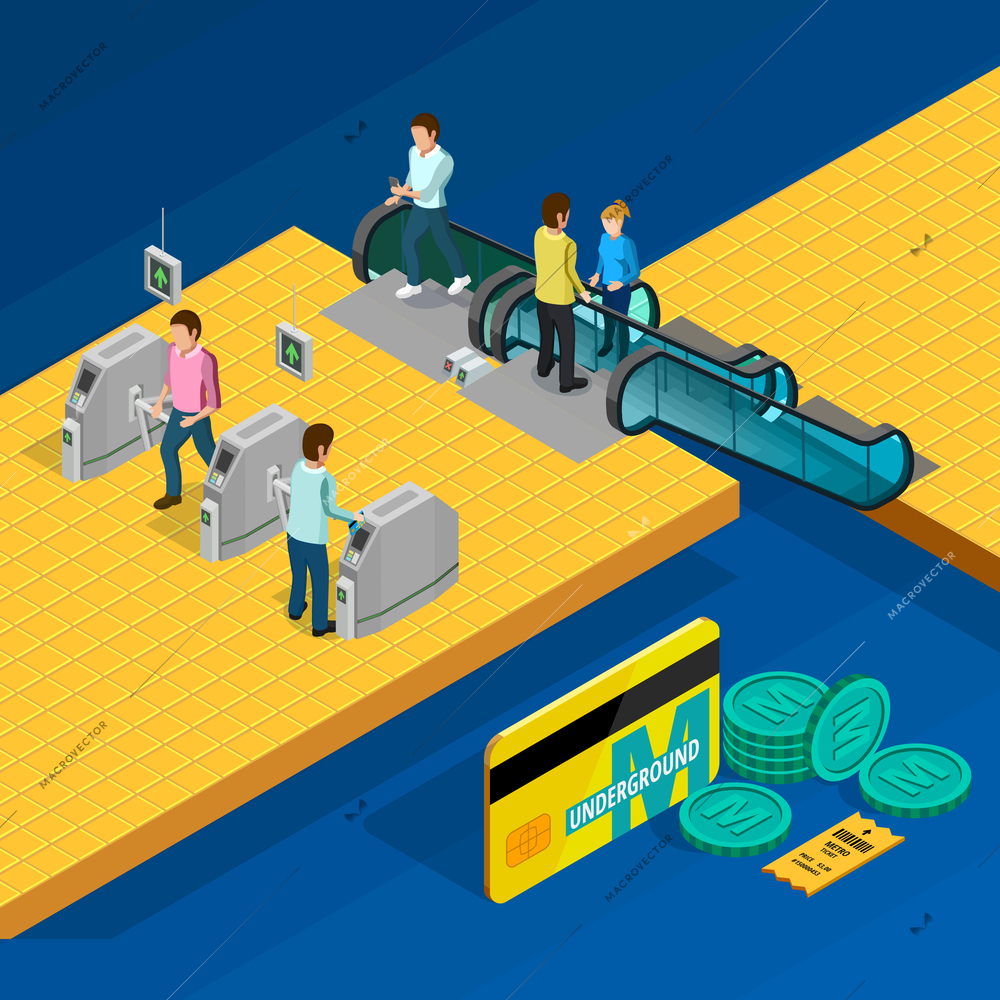 Metro isometric design concept with escalator and people on blue background vector illustration