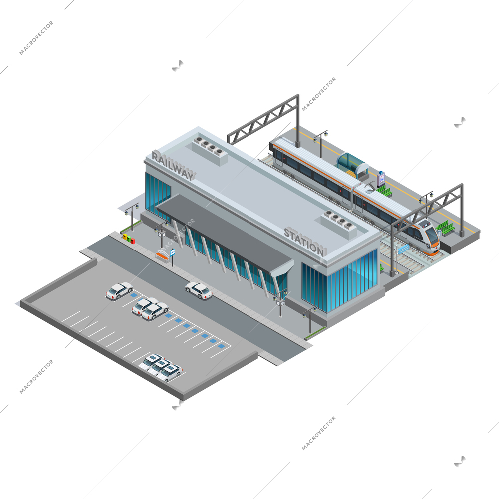 Urban railway station with cars on parking and passenger train  on platform isometric miniature vector illustration