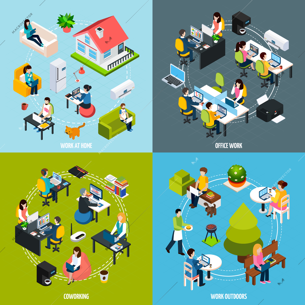 Coworking people concept icons set with freelance symbols isometric isolated vector illustration