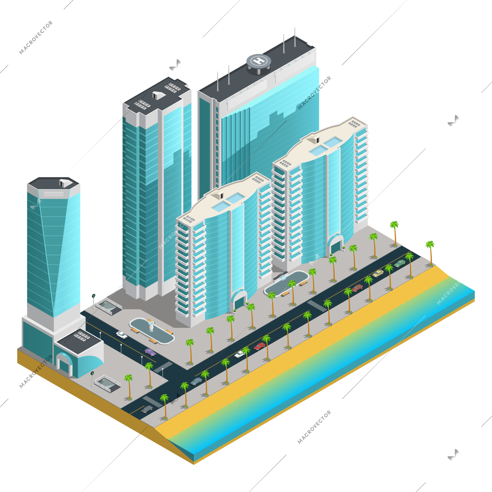 Isometric city composition with modern skyscrapers and many storeyed houses on sea coast on white background vector illustration