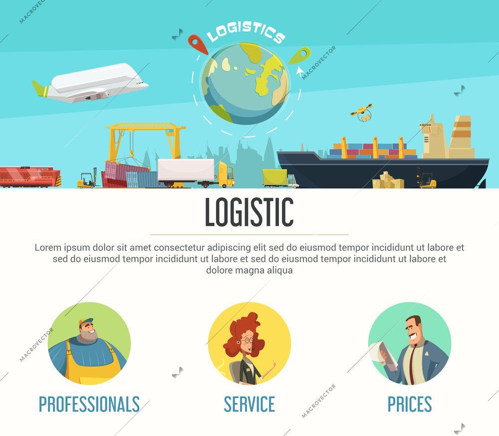 Logistics page design with professionals and prices symbols cartoon vector illustration