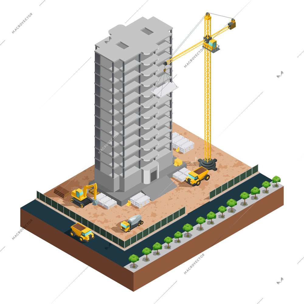 Process of many-storeyed building construction isometric composition with various vehicles and materials on white background vector illustration