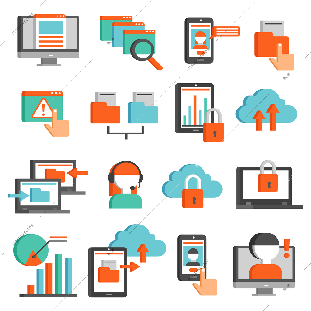 information technologies flat icons set with padlock cloud storage smartphone laptop online operator isolated vector illustration