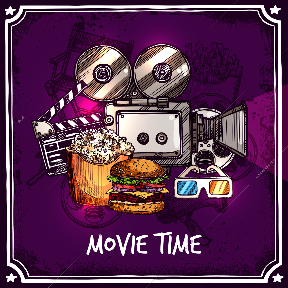 Colorful cinema template with camera reel snack clapperboard popcorn and 3d glasses in doodle style vector illustration