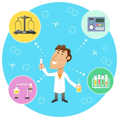 Scientist chemist in lab with scales flasks and molecular structure symbols on background vector illustration