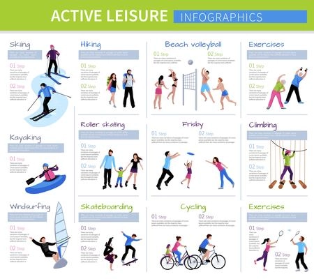 Active leisure people infographics with different games and activities in flat style isolated vector illustration