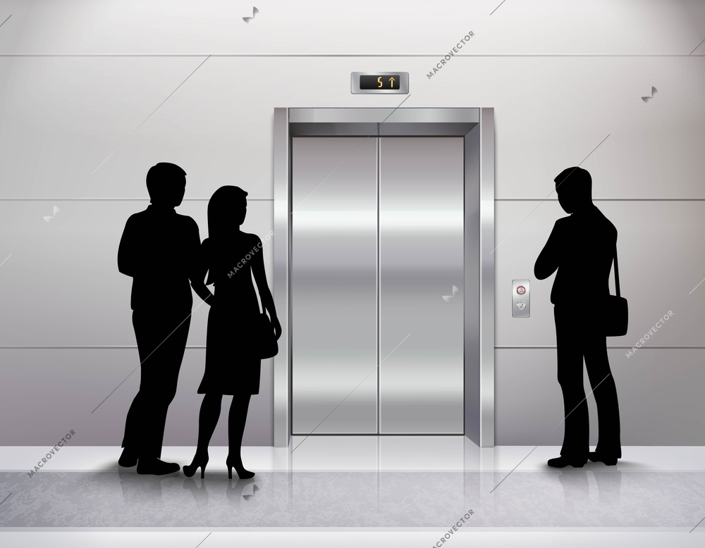 Three male and female people silhouettes standing in front of modern elevator and waiting for it realistic vector illustration