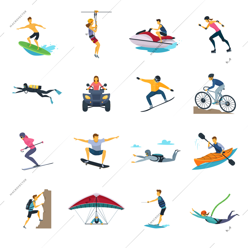 Extreme sport activities flat icons collection with whitewater canoeing skydiving and free stile motocross isolated vector illustrations