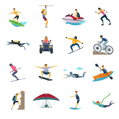 Extreme sport activities flat icons collection with whitewater canoeing skydiving and free stile motocross isolated vector illustrations