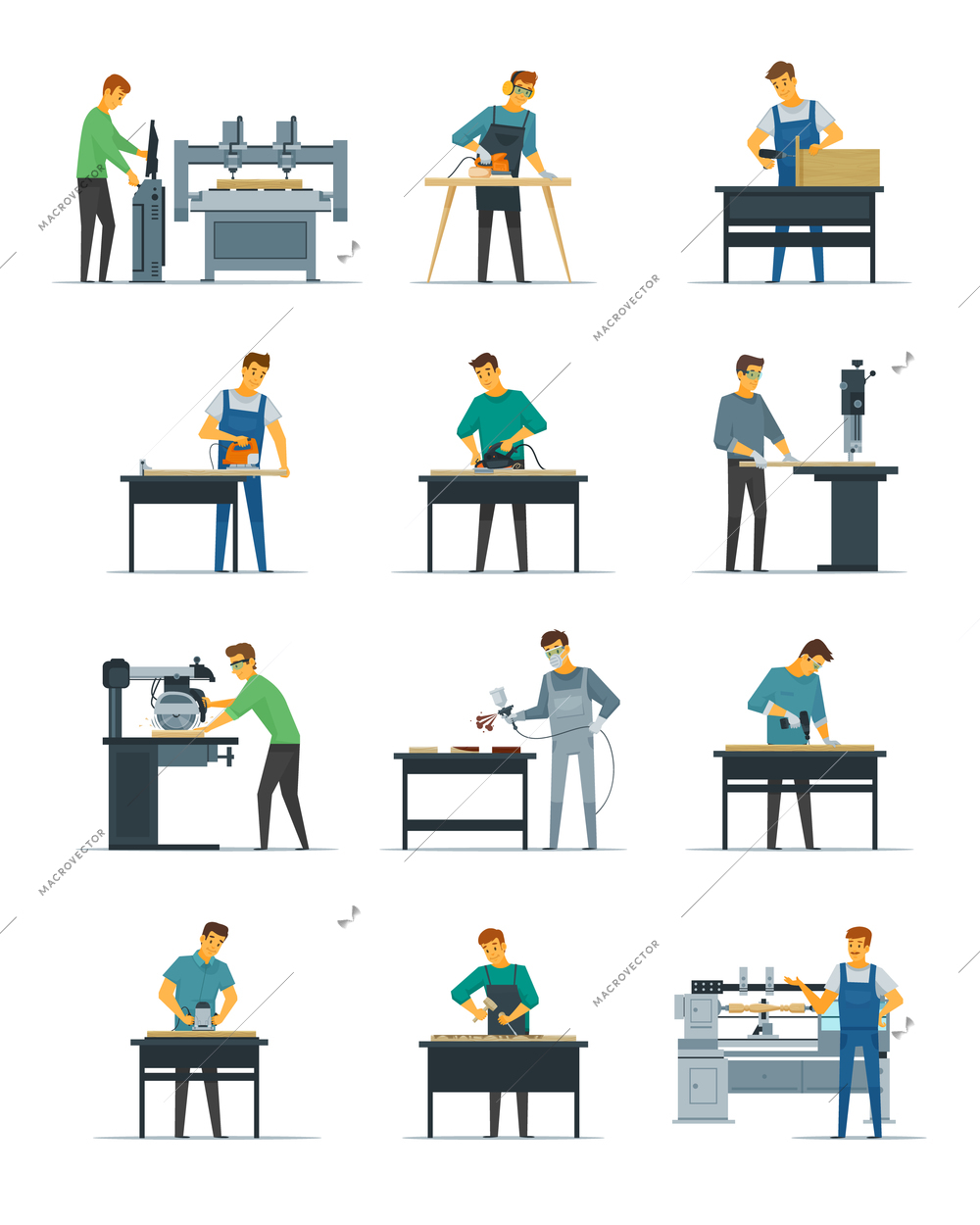 Woodworking carpentry polishing and painting flat icons collection with home refurnishing and repair services isolated vector illustration