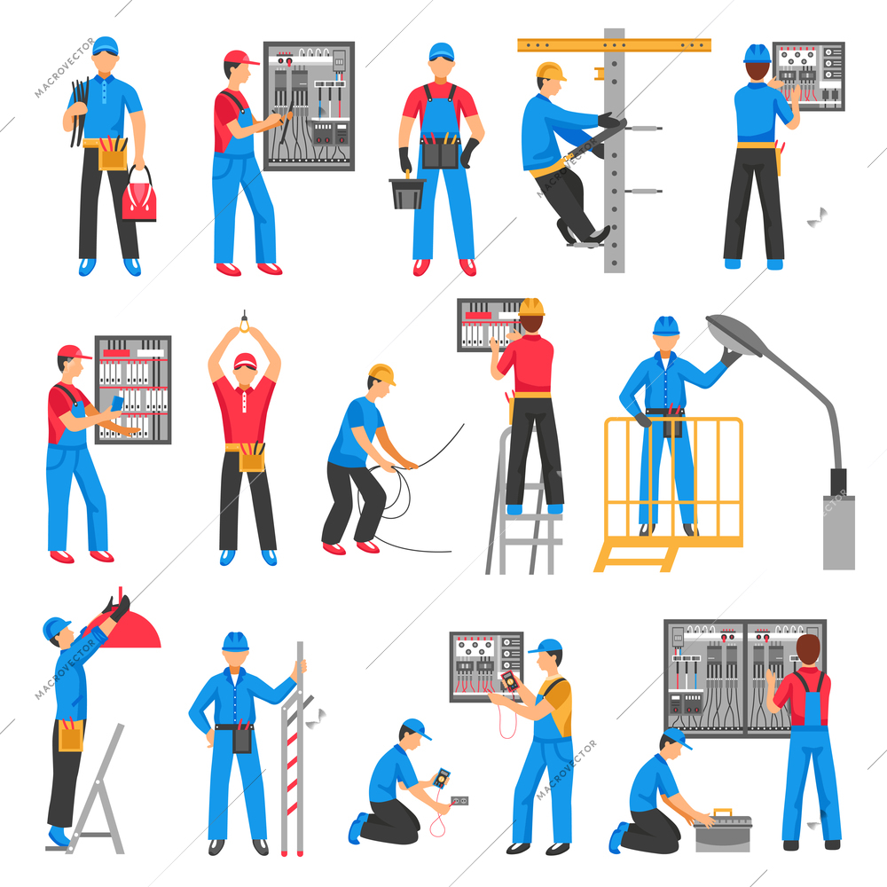 Electric people decorative icons set with electricians performing electrical works indoors and outdoors flat vector illustration