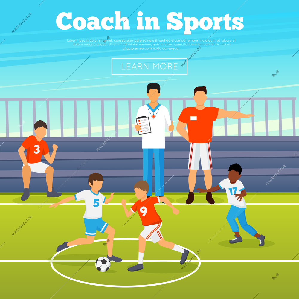 Kids sport poster with children playing in football and coaches training them vector illustration