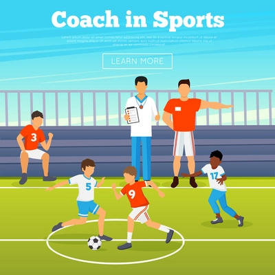 Kids sport poster with children playing in football and coaches training them vector illustration