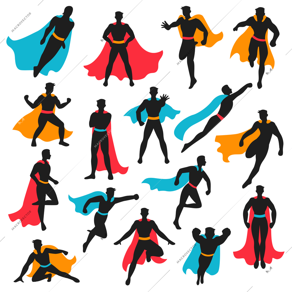 Set of black superhero silhouettes in different poses with colored waving cloaks on white background isolated vector illustration