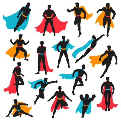 Set of black superhero silhouettes in different poses with colored waving cloaks on white background isolated vector illustration