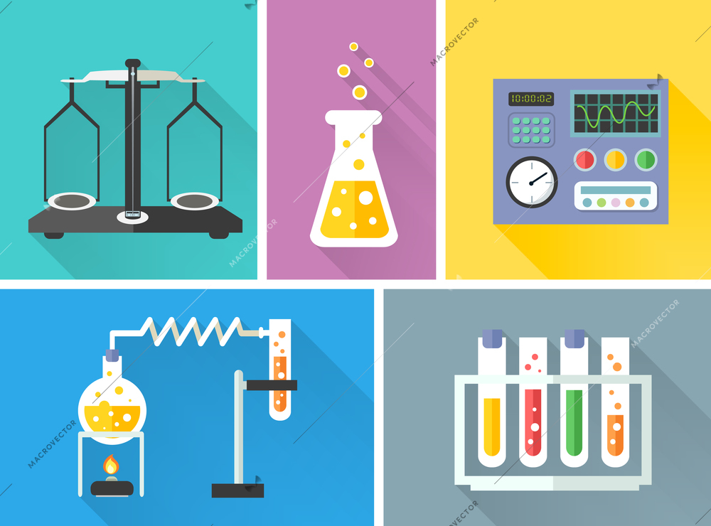 Science laboratory equipment decorative icons set with flask scales burner isolated vector illustration