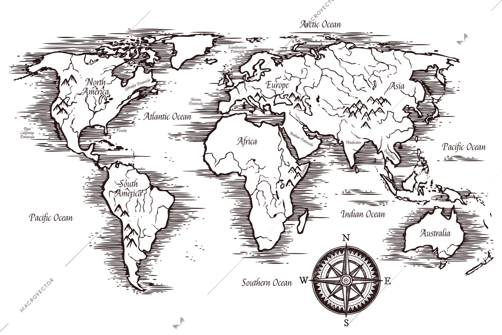 world map black and white continents