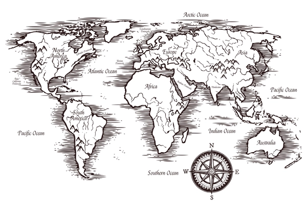 Sketch world map template in black and white colors with titles of continents and oceans vector illustration