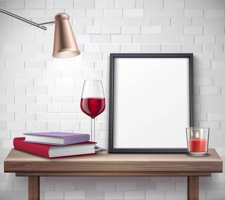 Realistic frame template on the table with glass of wine candle lamp and books vector illustration