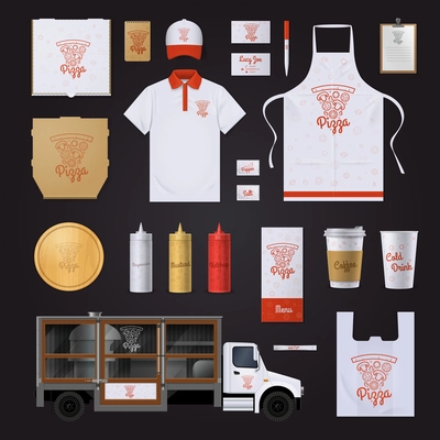 Fast food restaurant corporate identity template with pizza ingredients red outline samples on black background realistic vector illustration