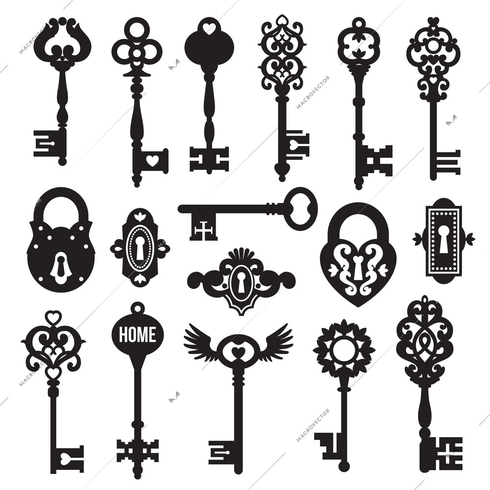 Black keys and locks set on white background in vintage style isolated vector illustration