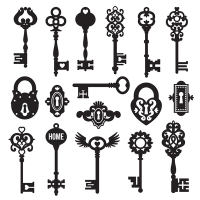 Black keys and locks set on white background in vintage style isolated vector illustration