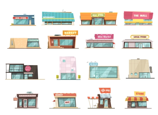 Shop building cartoon set with mini store symbols isolated vector illustration