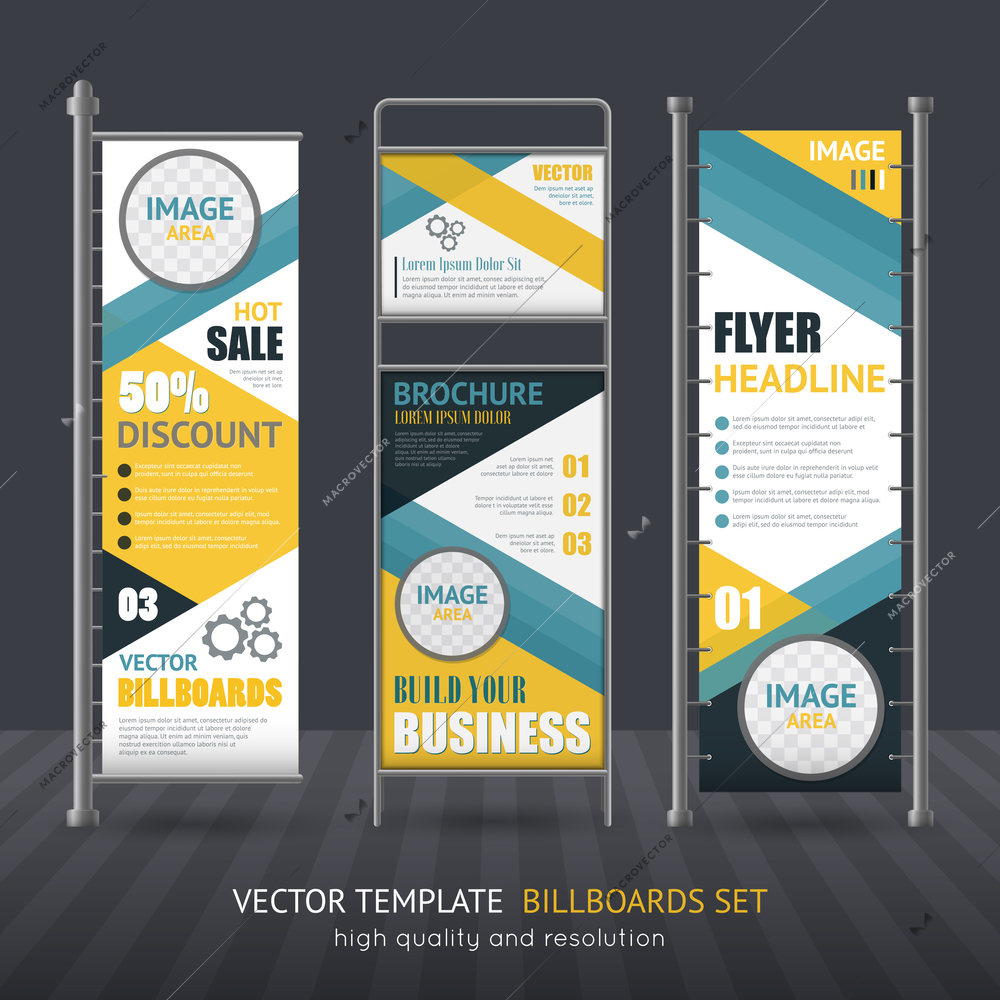 Promotional vertical billboard set performed in one style for company identity isolated vector illustration