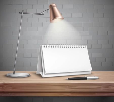 Blank spiral paper desk calendar pen and lamp on wooden table realistic concept vector illustration