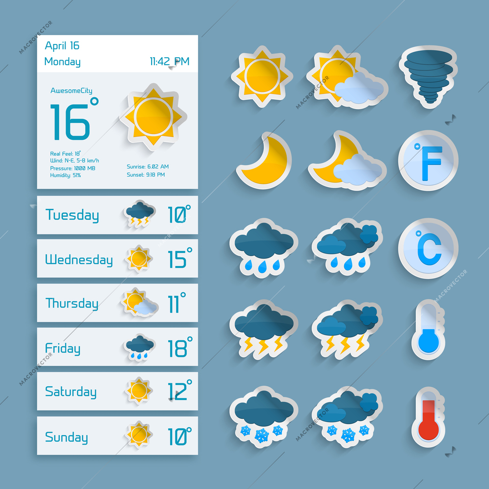 Weather extended forecast computer paper decorative widgets with sun clouds rain and snow icons vector illustration