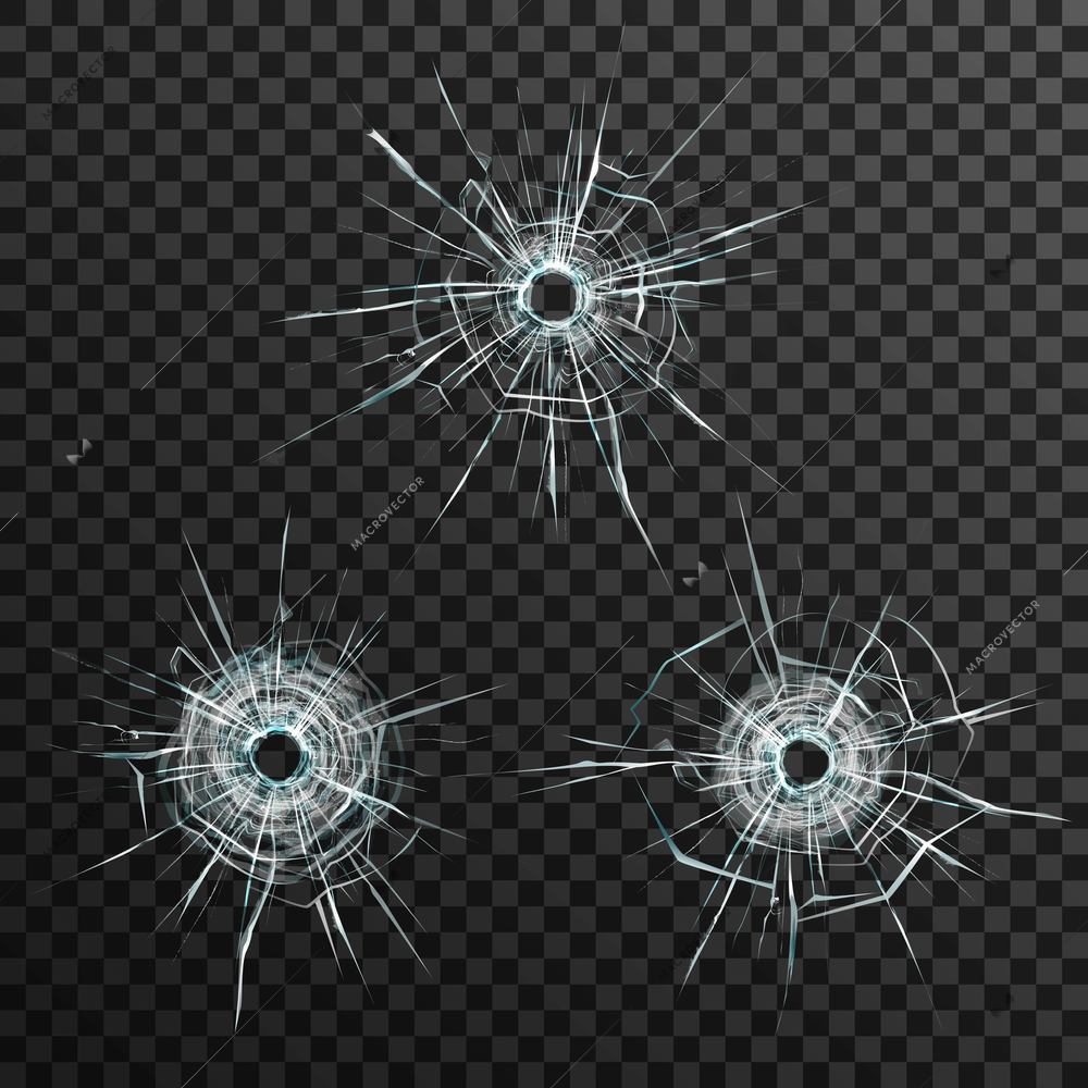 Bullet holes template in glass on transparent gray background isolated vector illustration