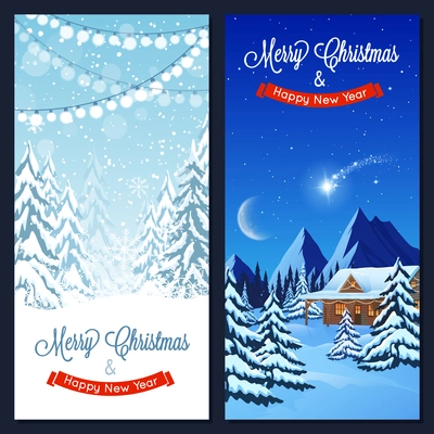 Winter landscape vertical banners with house, trees and mountains at night and day times vector illustration