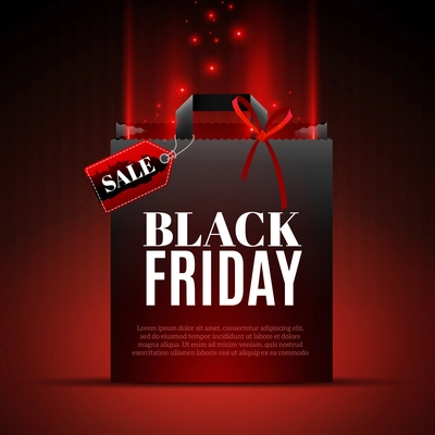 Black friday sale template with shopping box and red light in realistic style isolated vector illustration