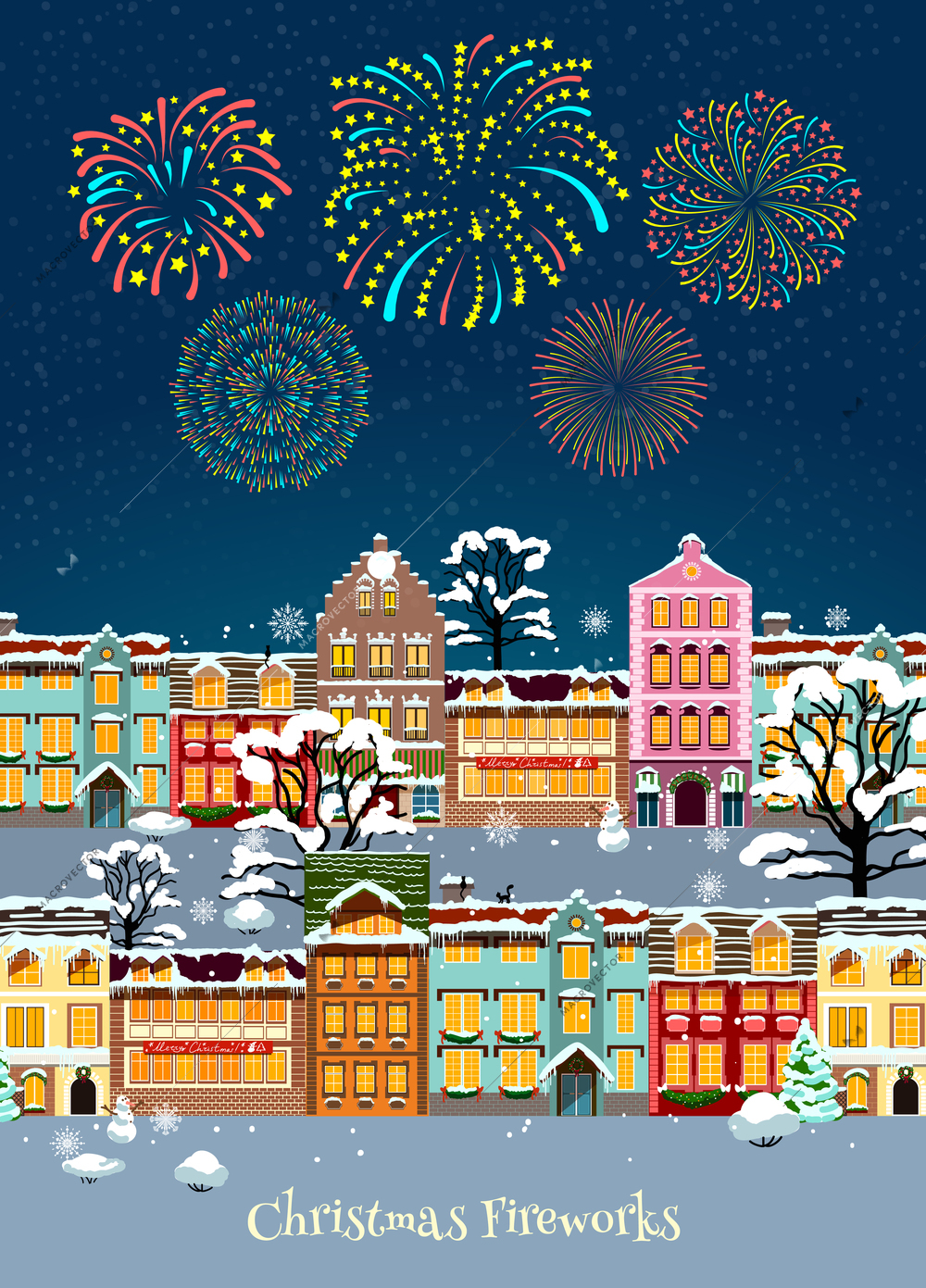 Colorful Christmas celebration template with glowing sparkling fireworks and snowbound cityscape vector illustration