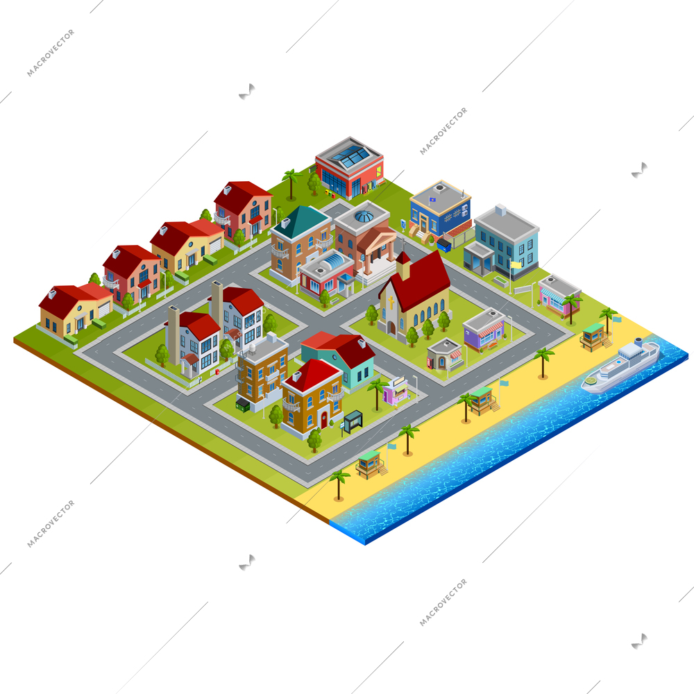 Isometric city with low-rise houses church and stores by sea with yacht on white background vector illustration