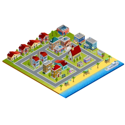 Isometric city with low-rise houses church and stores by sea with yacht on white background vector illustration