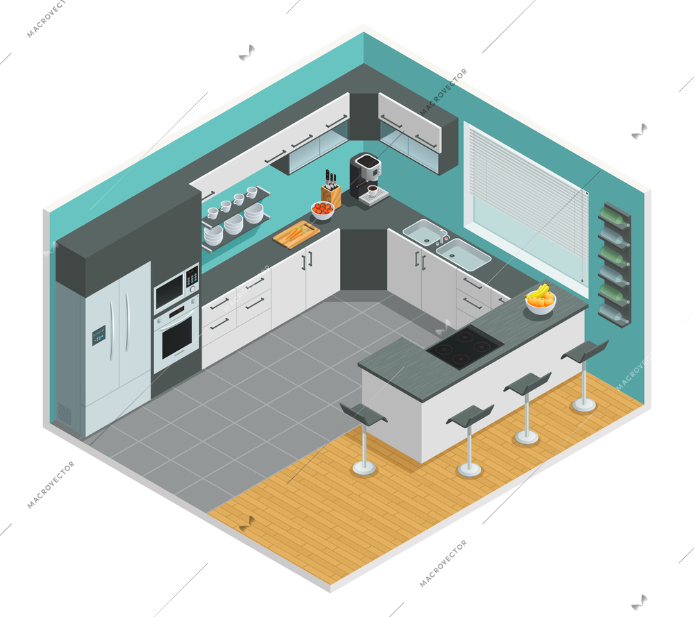 Color isometric design of kitchen interior with chair cupboard and table vector illustration