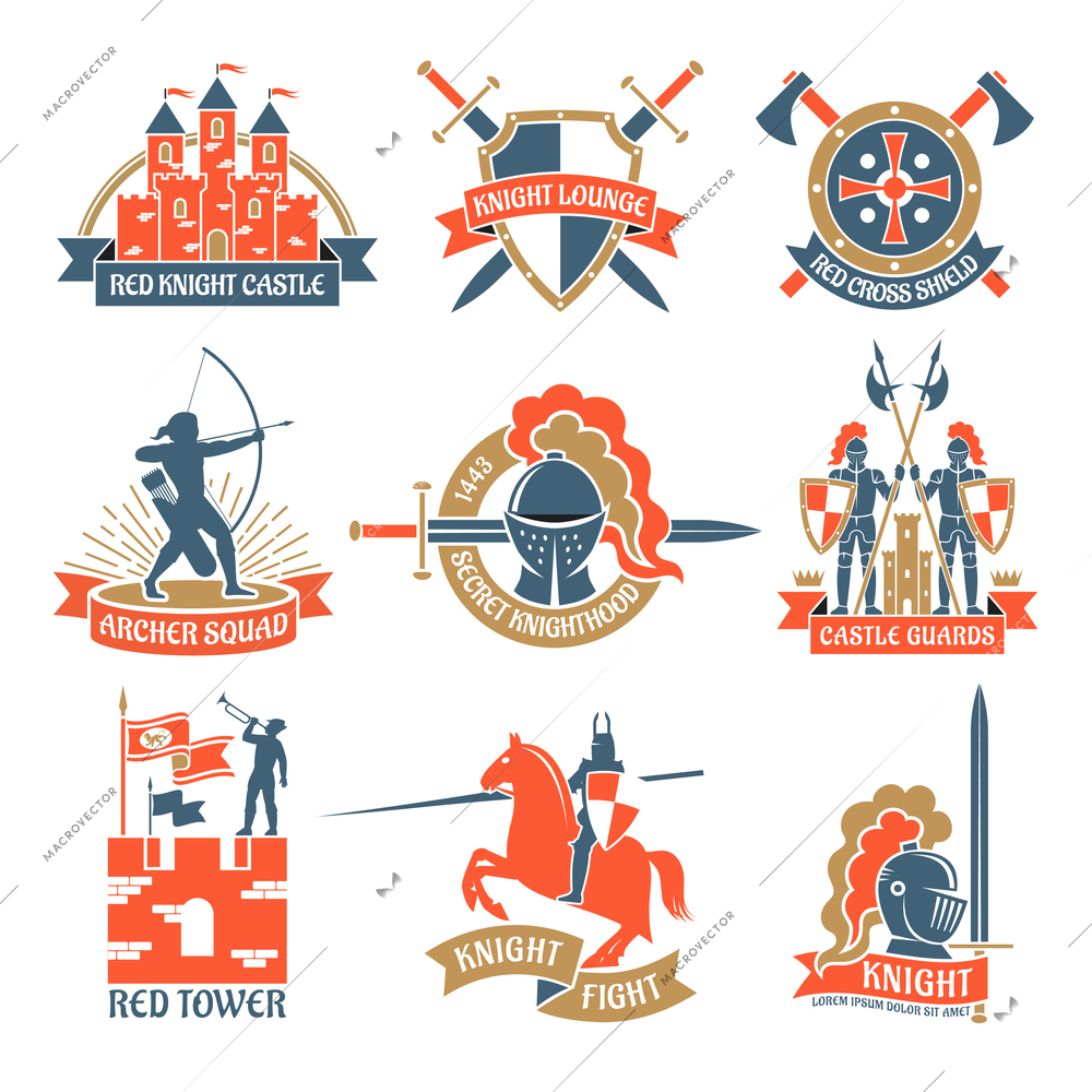 Historical and fairy heraldic emblems and logos set with knights towers and archers flat isolated vector illustration