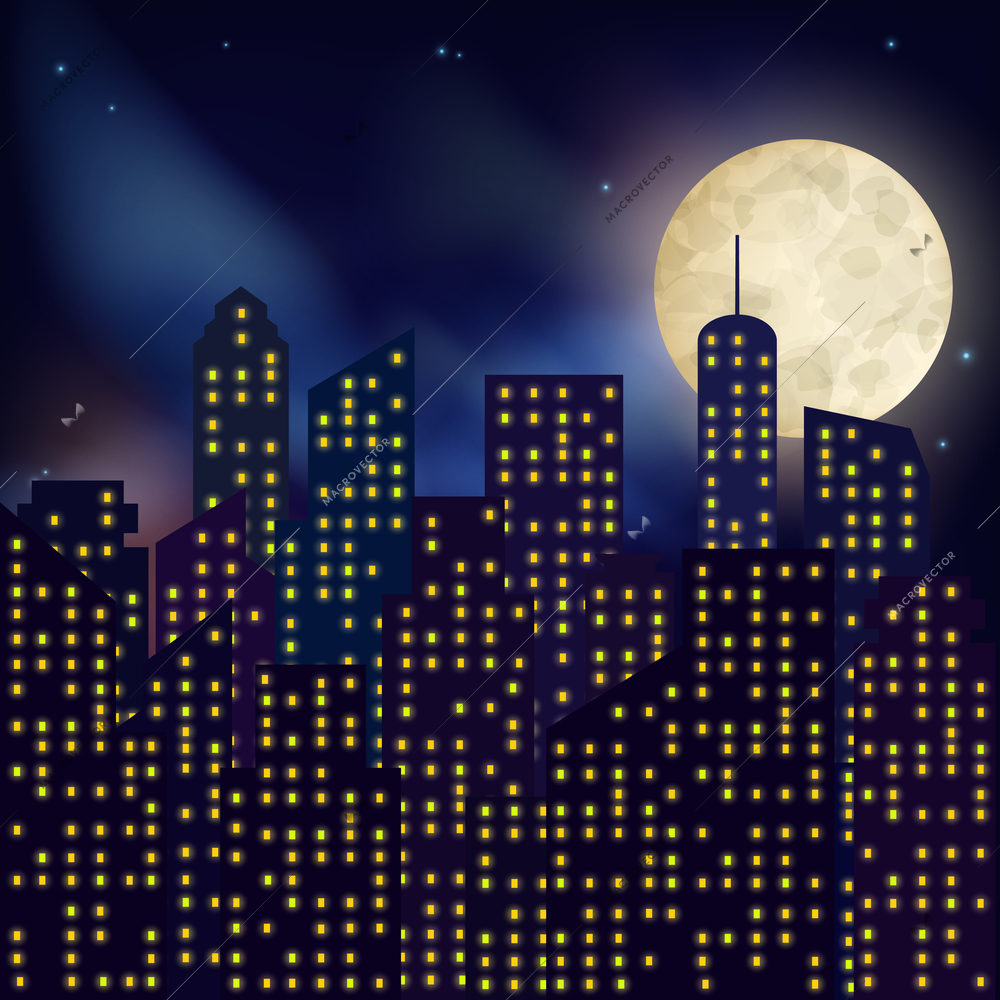 Urban night city with skyscrapers houses and full moon on dark background poster vector illustration